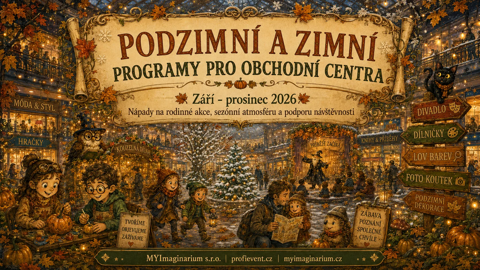Ilustrovaný podzimní a zimní svět obchodního centra